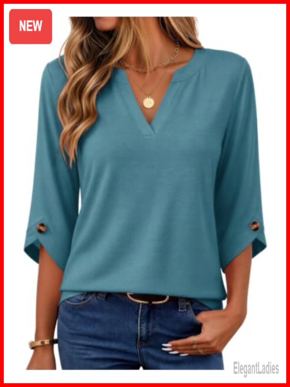 Womens 3/4 Sleeve Tops Dressy Casual Blouse V Neck Pullover Shirt